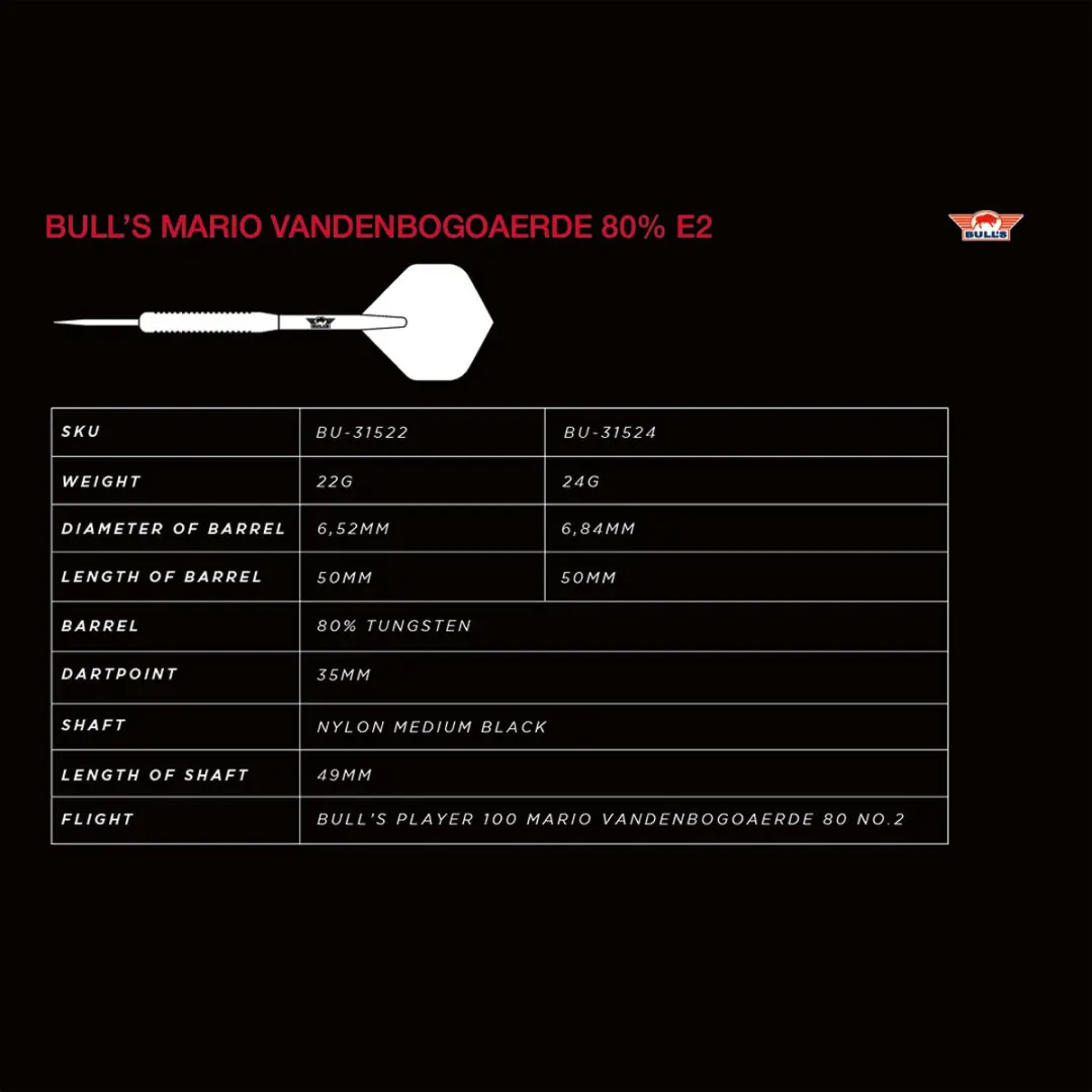 Bull's Mario Vandenbogaerde 80% E2 Dartpijlen 22g - 3 Stuks