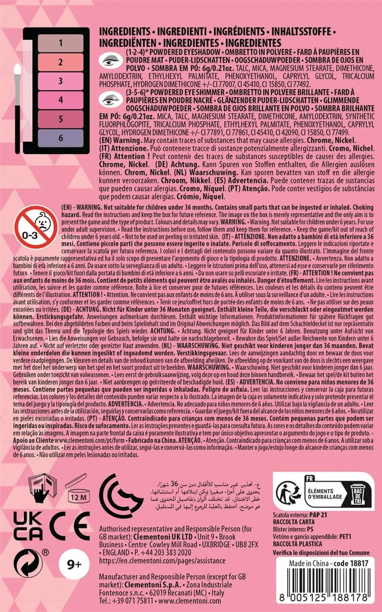 Clementoni Crazy Chic Oogschaduw Palet Pink Power - 6 Glanzende Kleuren