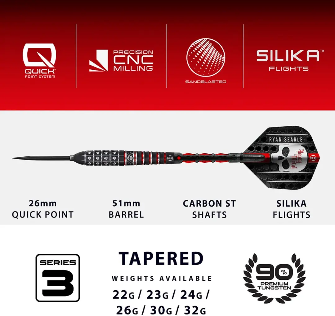 Harrows Ryan Searle Series 3 Darts 23Gr - 3 Stuks - Rood/Zilver/Zwart