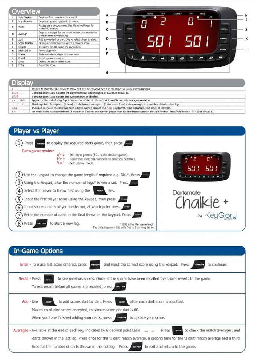 Keyglory Dartsmate Chalkie Plus Elektronisch Dartbord - Zwart