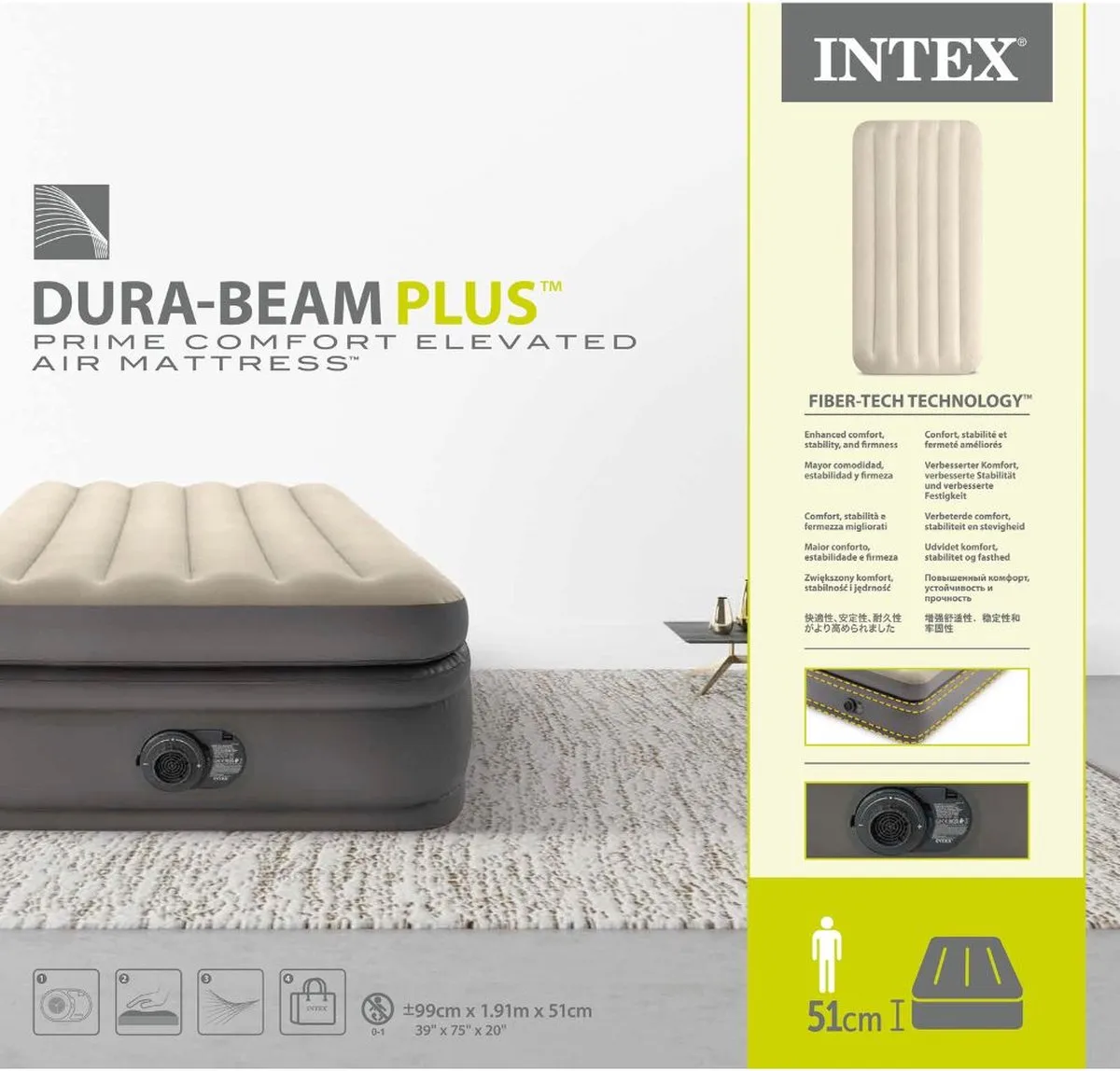Intex Prime Comfort Luchtbed 1 Persoons GKD - 191x99x51cm - Grijs