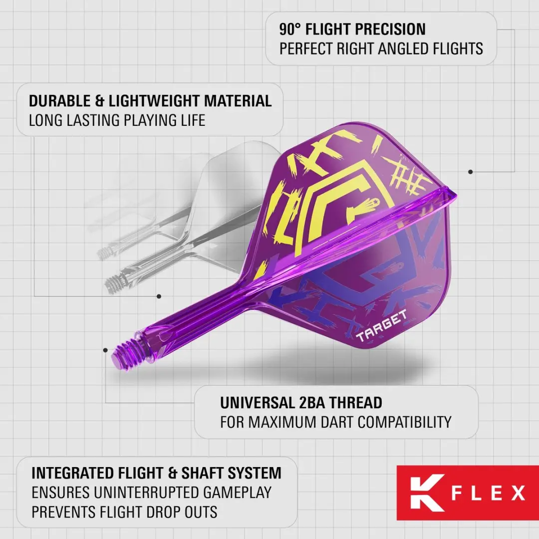 Target Darts Luke Littler World Champion K Flex Flights & Shaft Systeem - No.6 Paars Geel - 3 Stuks