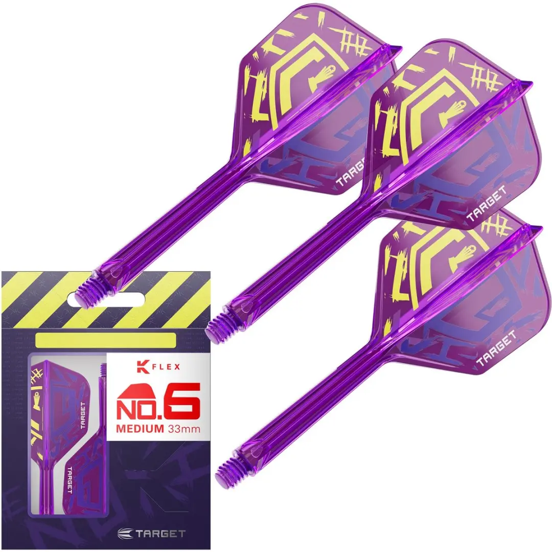Target Darts Luke Littler World Champion K Flex Flights & Shaft Systeem - No.6 Paars Geel - 3 Stuks