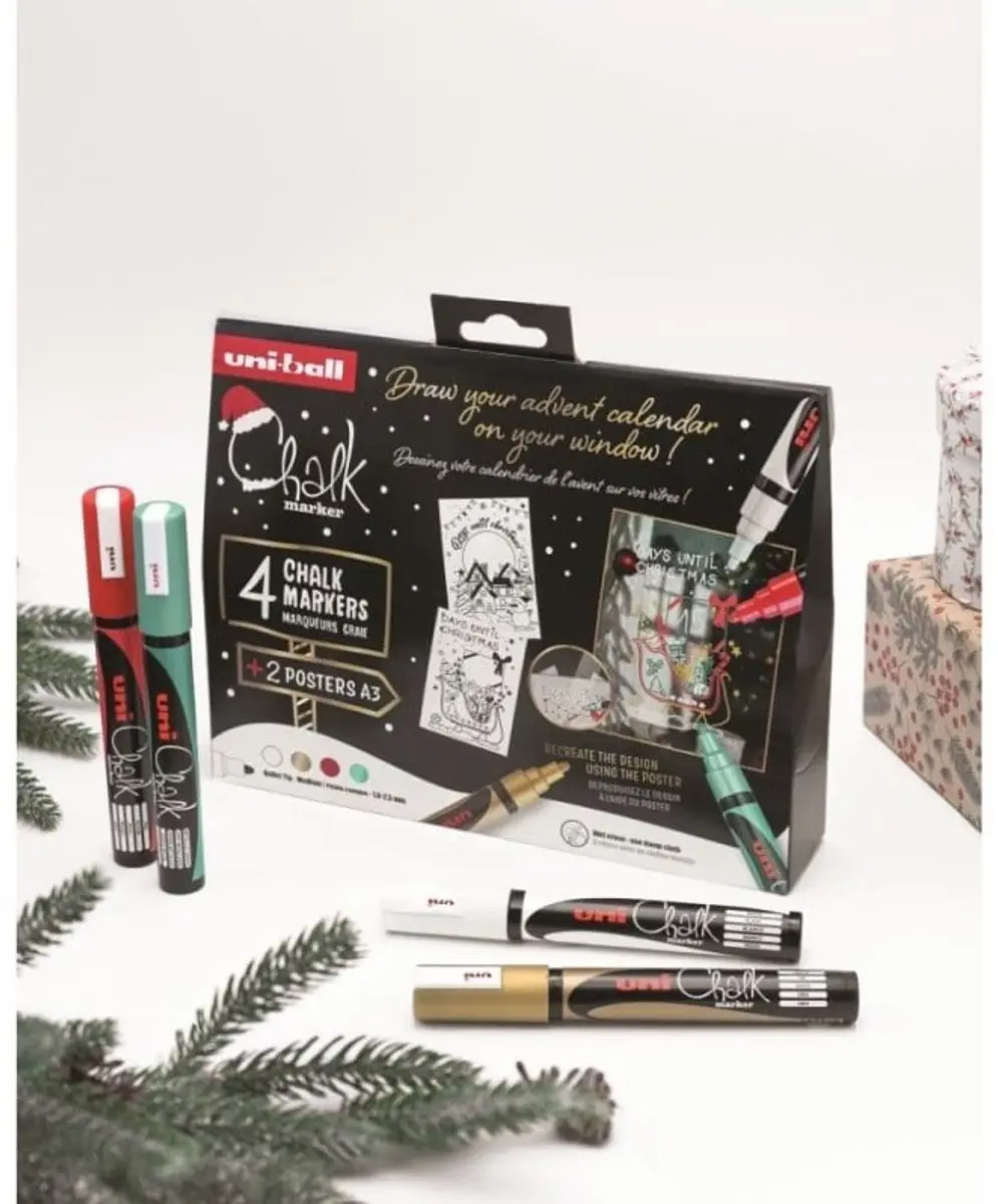uni-ball Uni Chalk Markers Kerst - 4 Stuks - Blauw/Goud/Rood/Groen