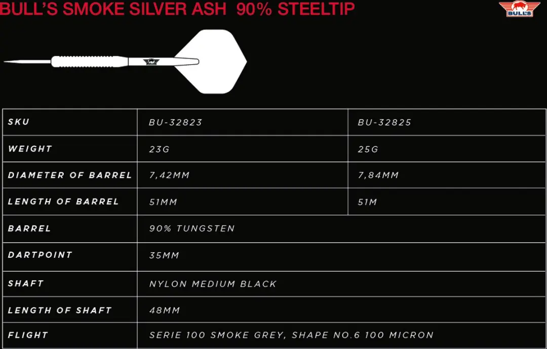 Bull's Smoke Silver Ash Dartpijlen 23g - 3 Stuks