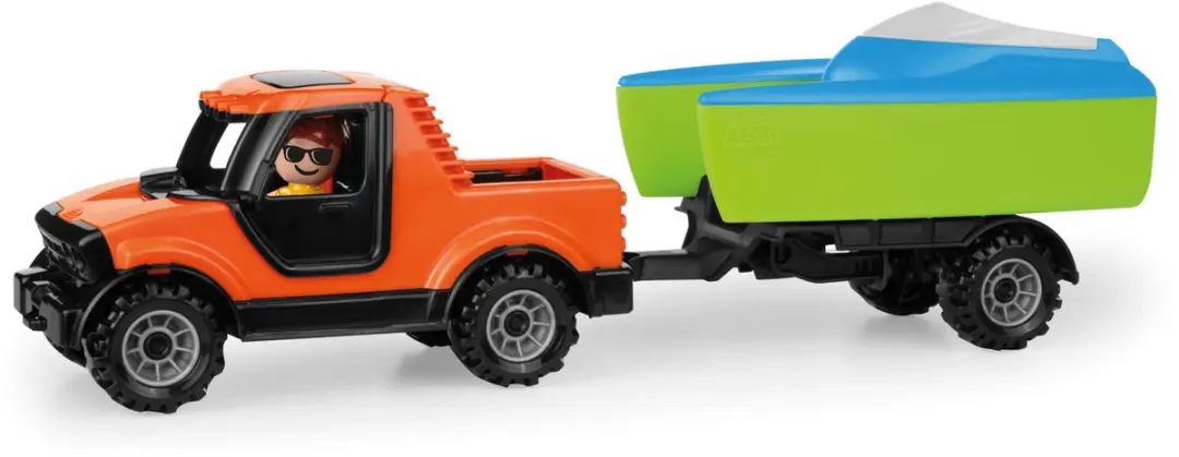 Lena 85001633 Speelgoed Pick-up met Boaties Aanhanger