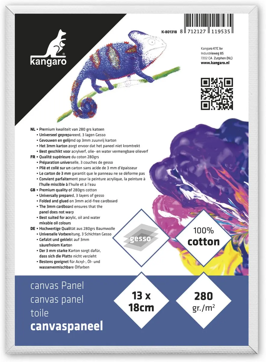 Kangaro Canvaspaneel 13x18cm - 5 Stuks - 3mm Board - 280gr Wit