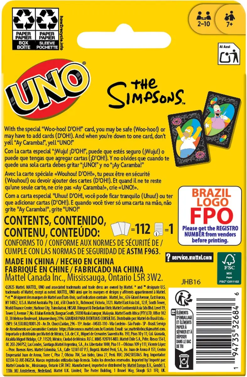 Mattel Games UNO The Simpsons - 2 tot 10 Spelers