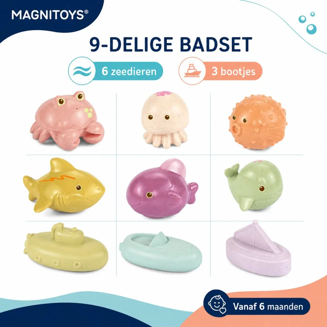 MagniToys Badspeelgoed 9 Stuks - Zeedieren & Bootjes