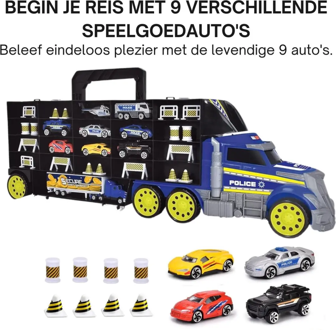 Dickie Toys Politie Transporter - Blauw/Grijs - 9 Auto's + Oprijplaat