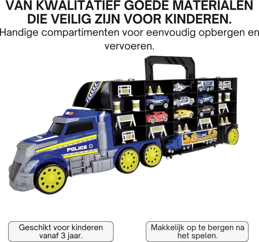 Dickie Toys Politie Transporter - Blauw/Grijs - 9 Auto's + Oprijplaat