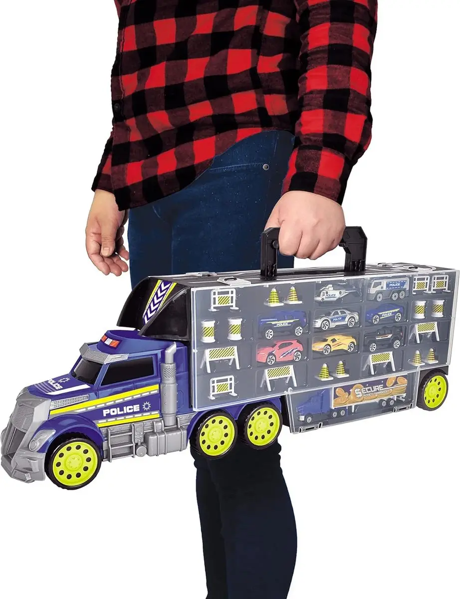 Dickie Toys Politie Transporter - Blauw/Grijs - 9 Auto's + Oprijplaat - afbeelding 6 van 6