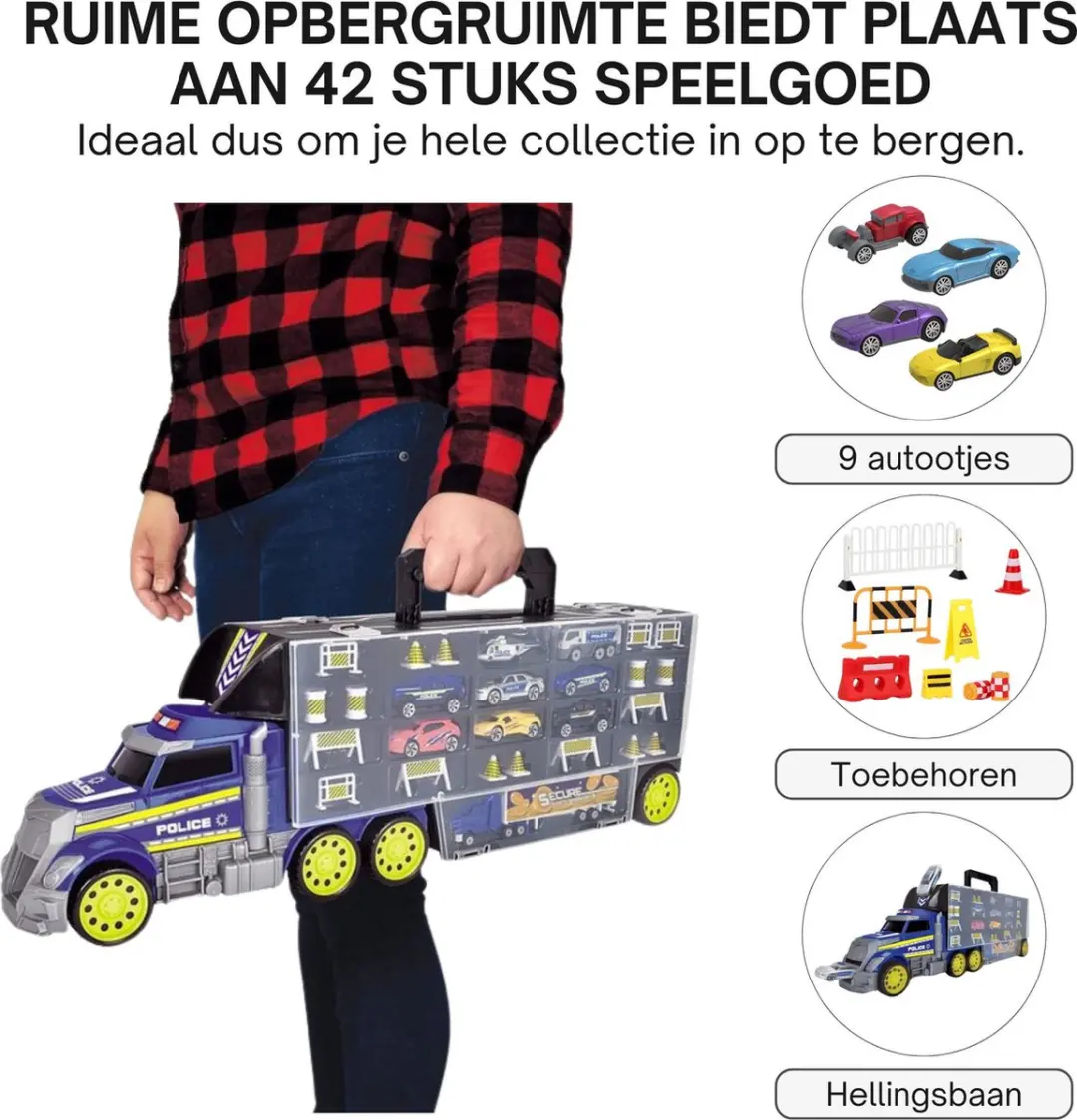 Dickie Toys Politie Transporter - Blauw/Grijs - 9 Auto's + Oprijplaat