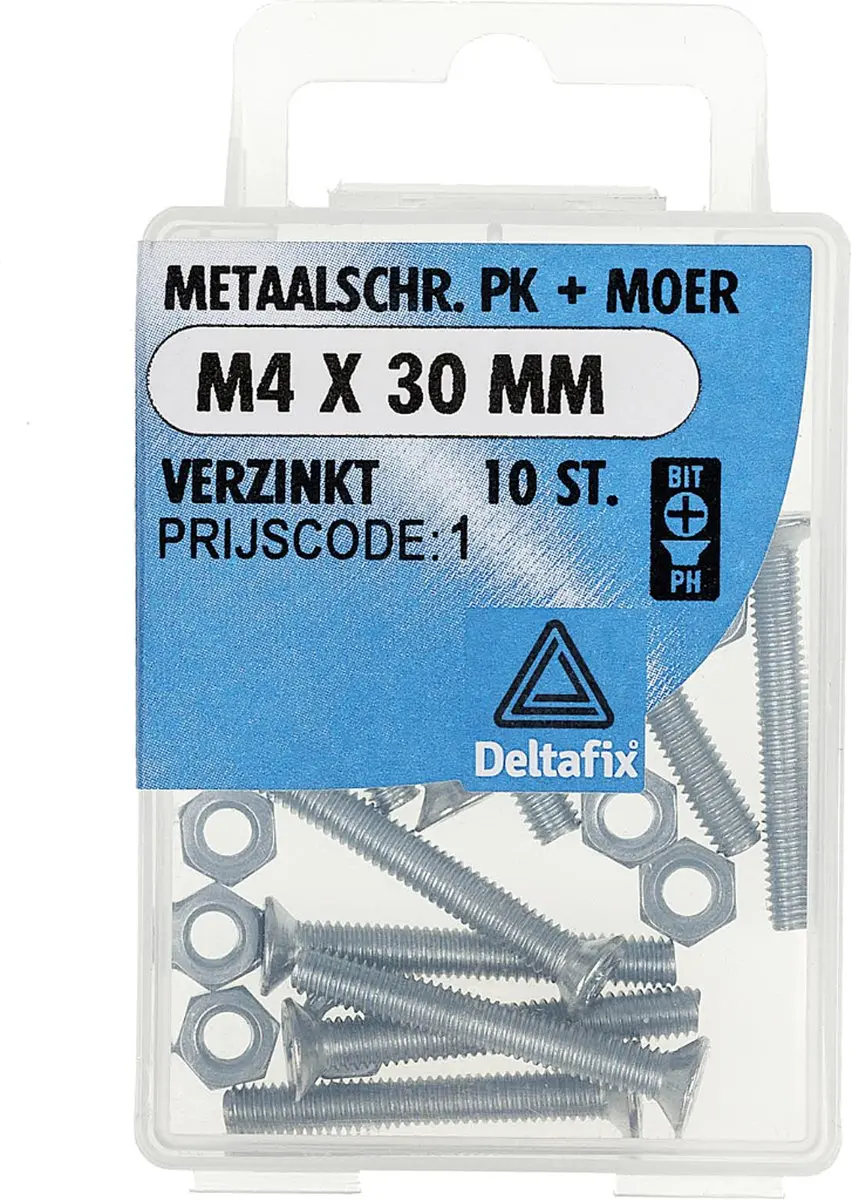Deltafix M4 x 30mm Metaalschroef met moer - Verzinkt - 10 Stuks