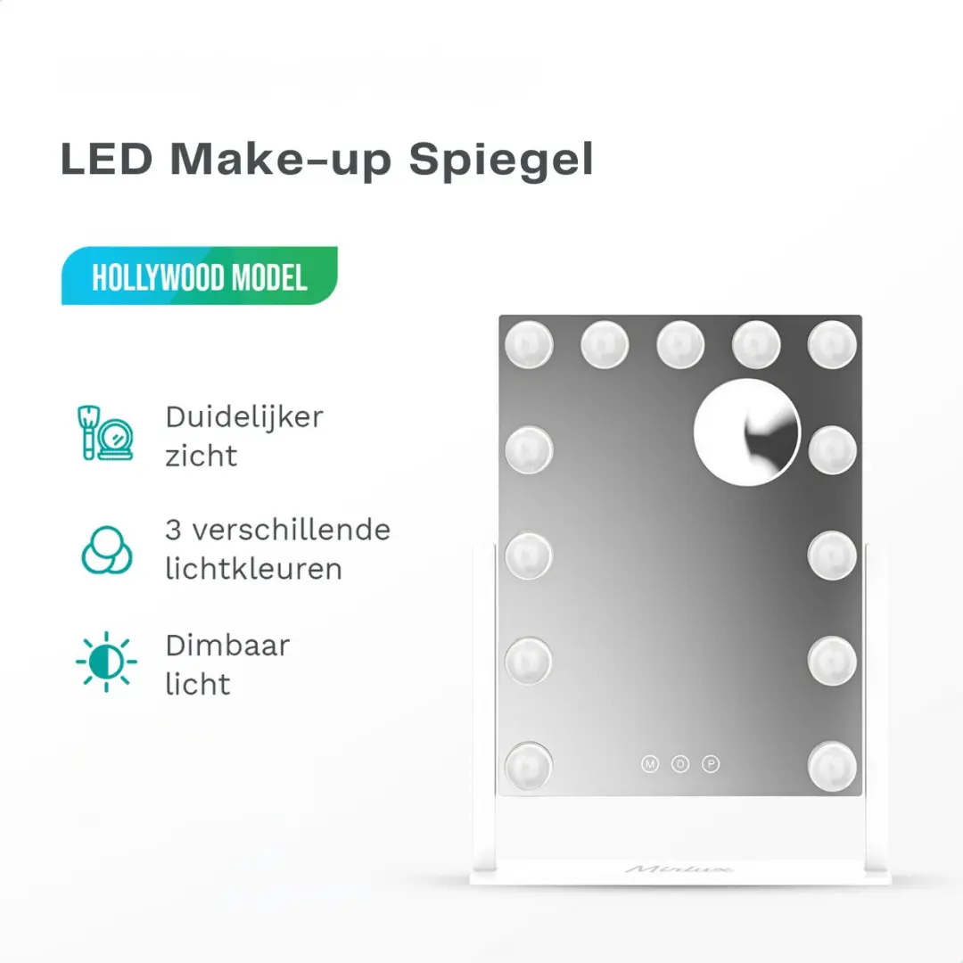Mirlux Make Up Hollywood Spiegel - 44x30cm - 13 LED Lampen - Wit