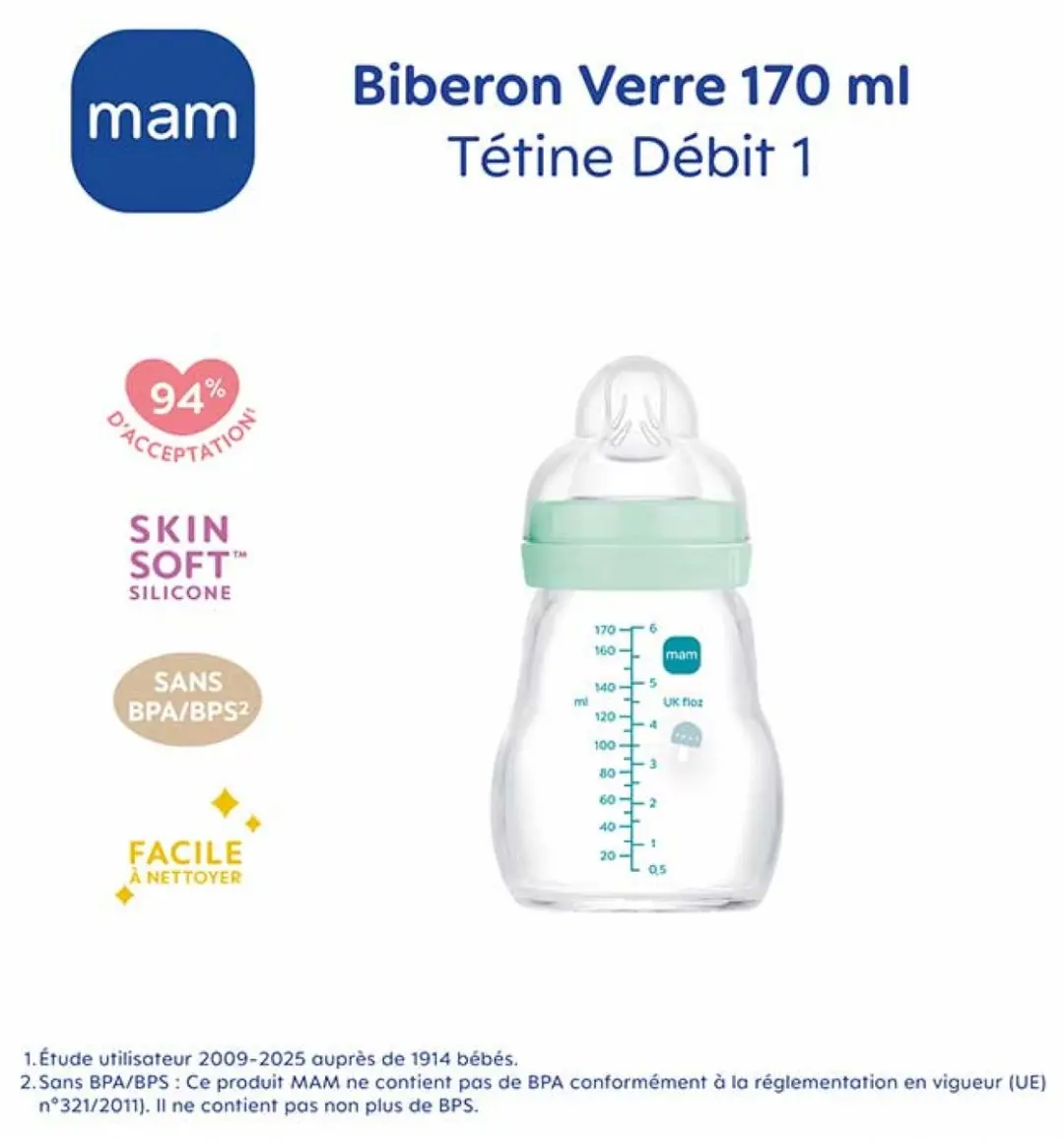 MAM Glazen Babyfles 170ml - Blauw - Flow 1 - afbeelding 6 van 6