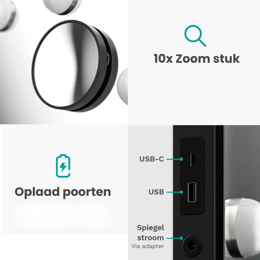 Mirlux Hollywood Spiegel 58x48cm - USB & USB-C - 10x Zoom - 3 Lichtstanden - Zwart