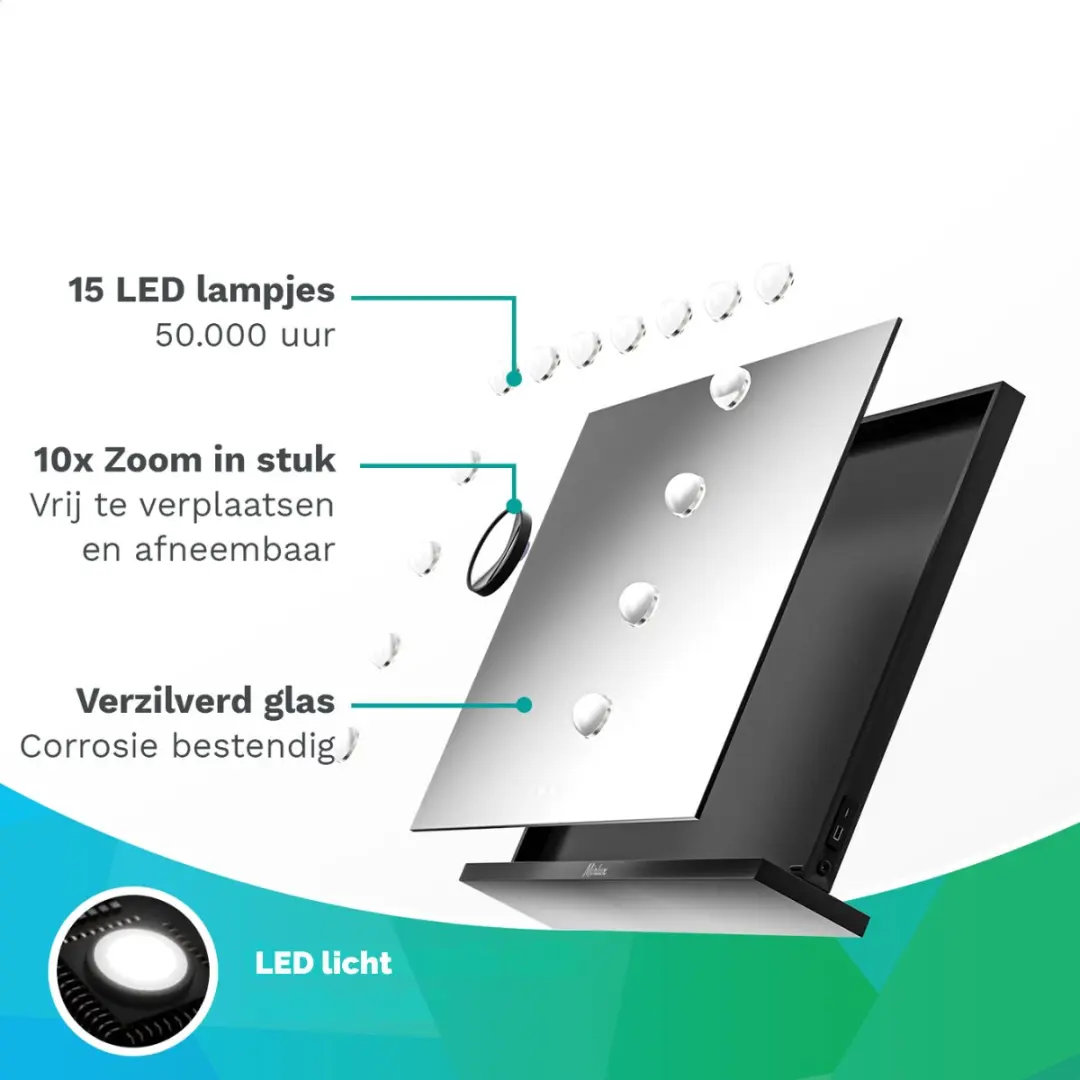 Mirlux Hollywood Spiegel 58x48cm - USB & USB-C - 10x Zoom - 3 Lichtstanden - Zwart