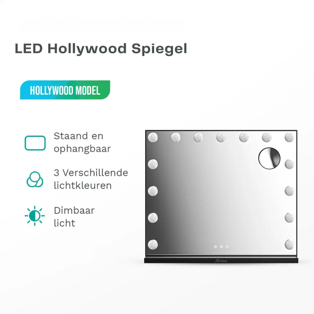 Mirlux Hollywood Spiegel 58x48cm - USB & USB-C - 10x Zoom - 3 Lichtstanden - Zwart
