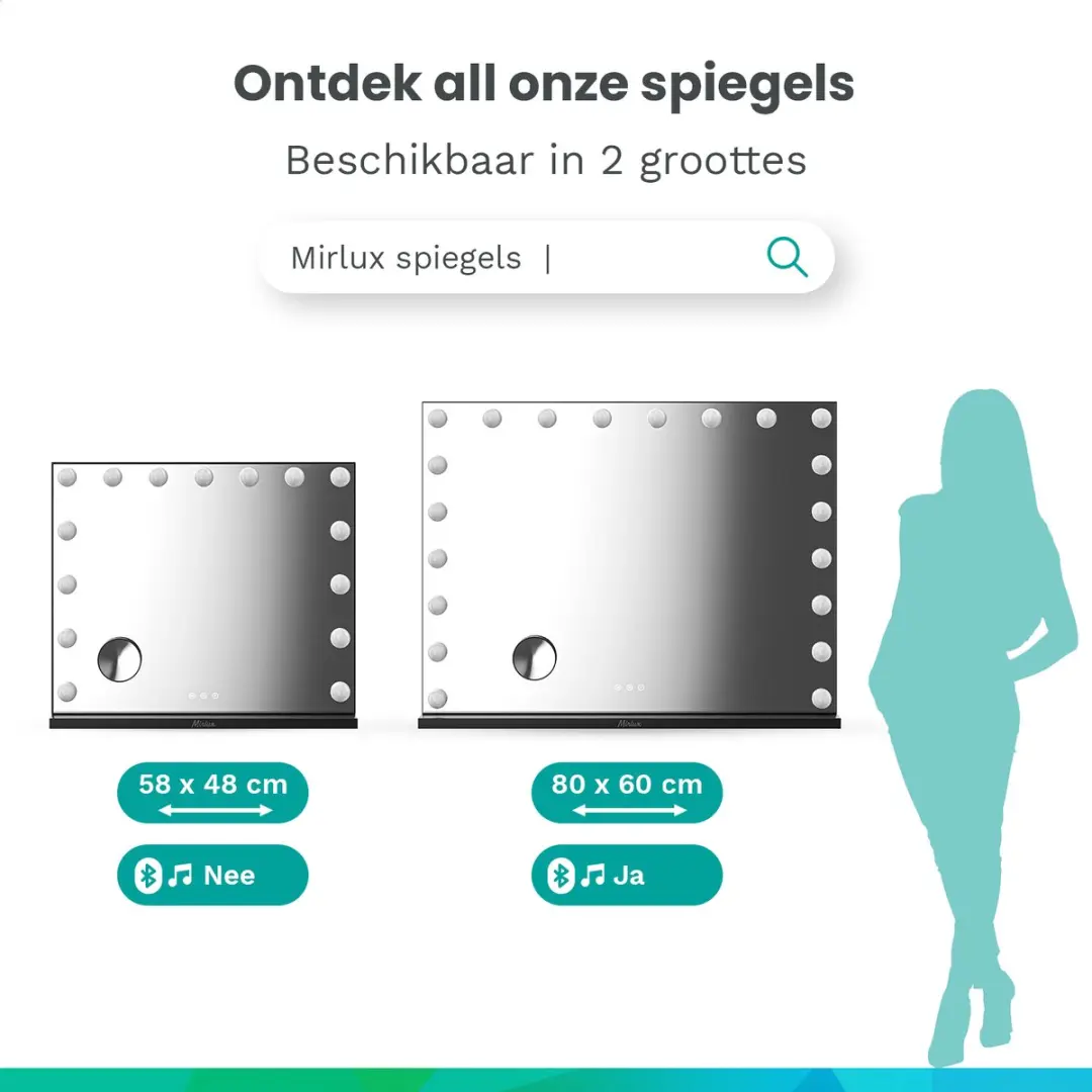 Mirlux Hollywood Spiegel 58x48cm - USB & USB-C - 10x Zoom - 3 Lichtstanden - Zwart
