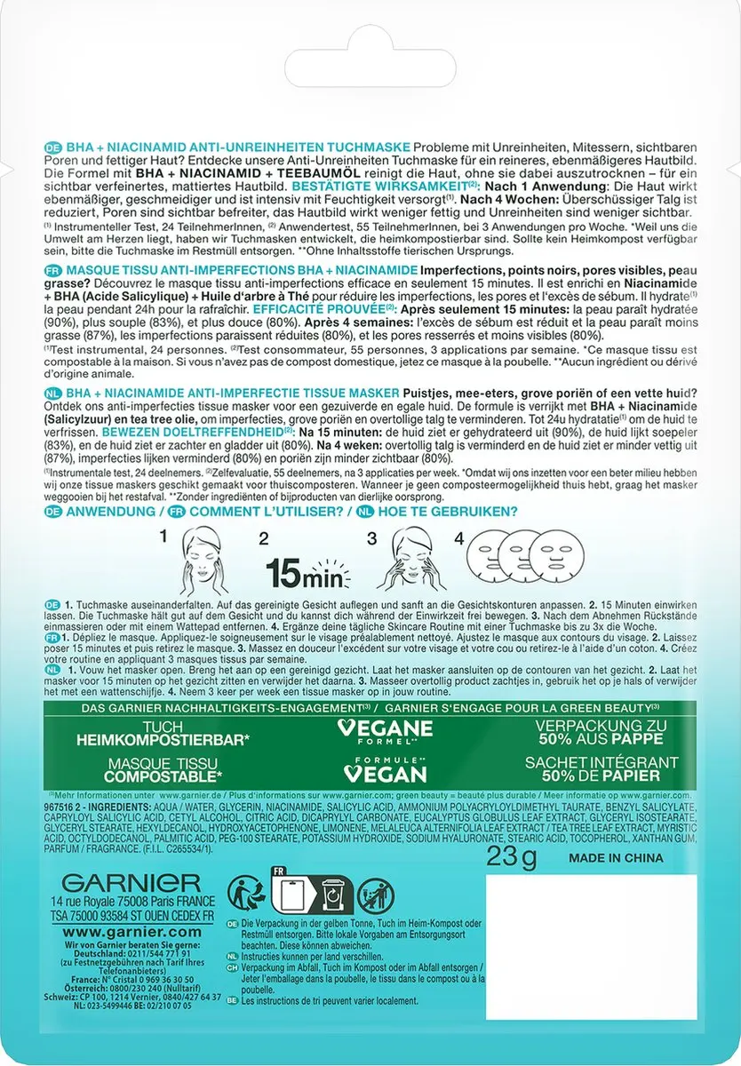 Garnier SkinActive Tea Tree & Salicylzuur Masker 1ml