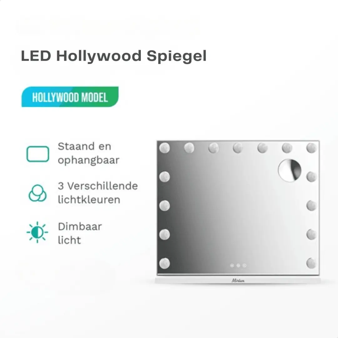 Mirlux Hollywood Spiegel 58x48cm - USB/USB-C - 10x Zoom - 3 Lichtstanden