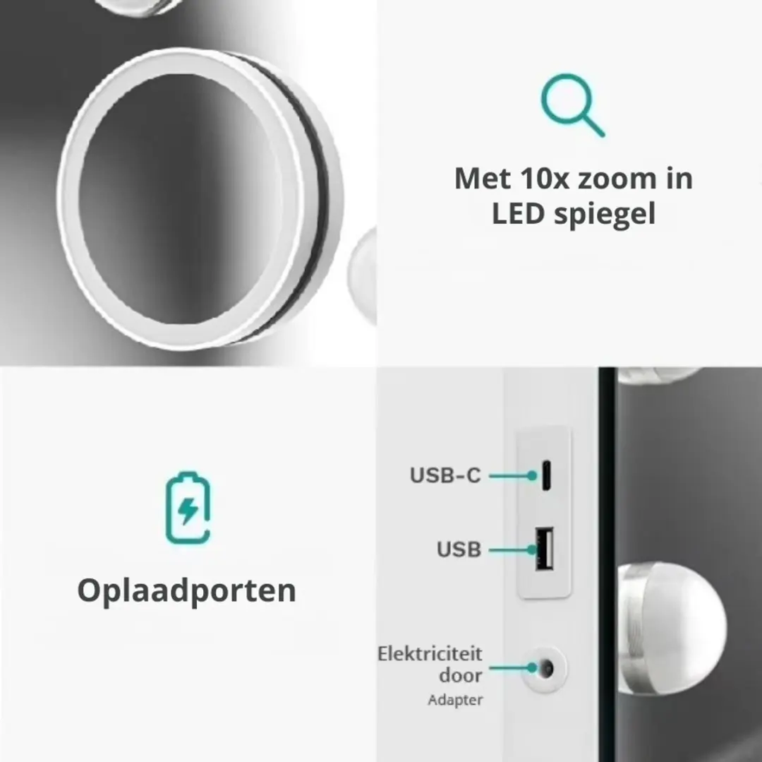 Mirlux Hollywood Spiegel 58x48cm - USB/USB-C - 10x Zoom - 3 Lichtstanden