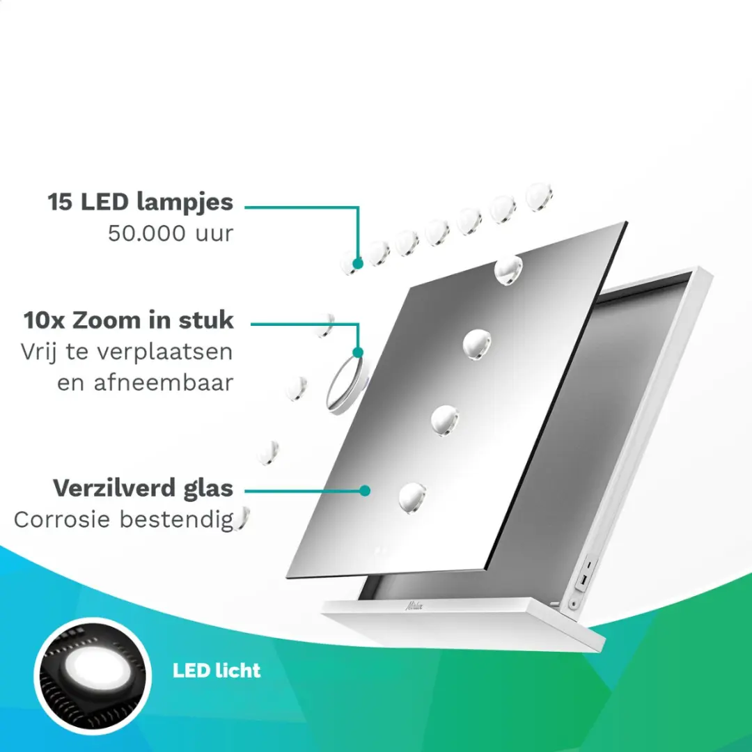 Mirlux Hollywood Spiegel 58x48cm - USB/USB-C - 10x Zoom - 3 Lichtstanden