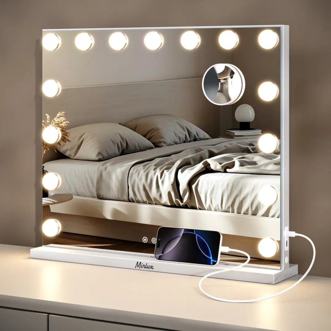 Mirlux Hollywood Spiegel 58x48cm - USB/USB-C - 10x Zoom - 3 Lichtstanden