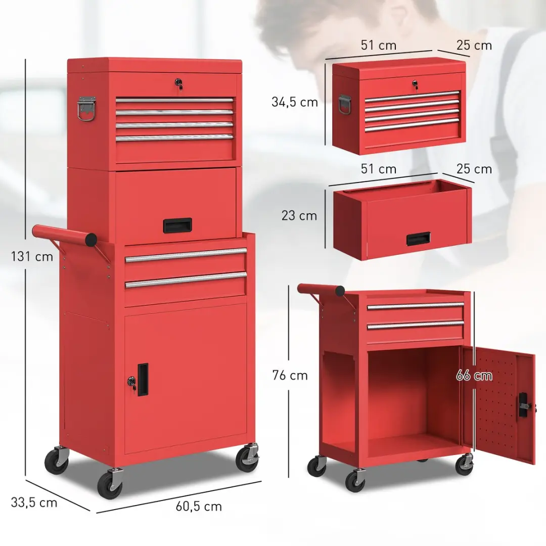Homcom Gereedschapskast 60,5L Rood - 6 Lades