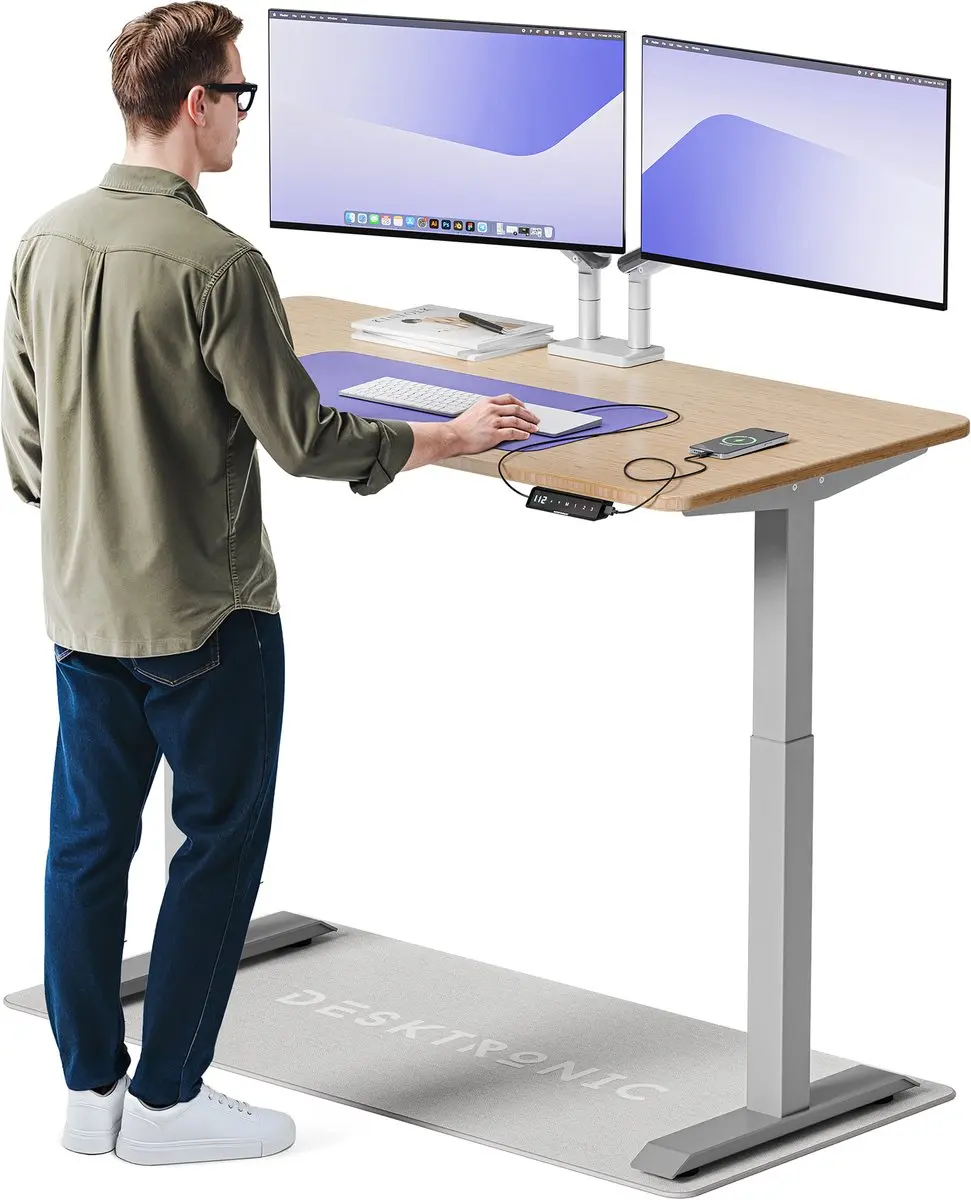 Desktronic HomeOne Zit-sta Bureau 140x70cm - Bamboe/Grijs