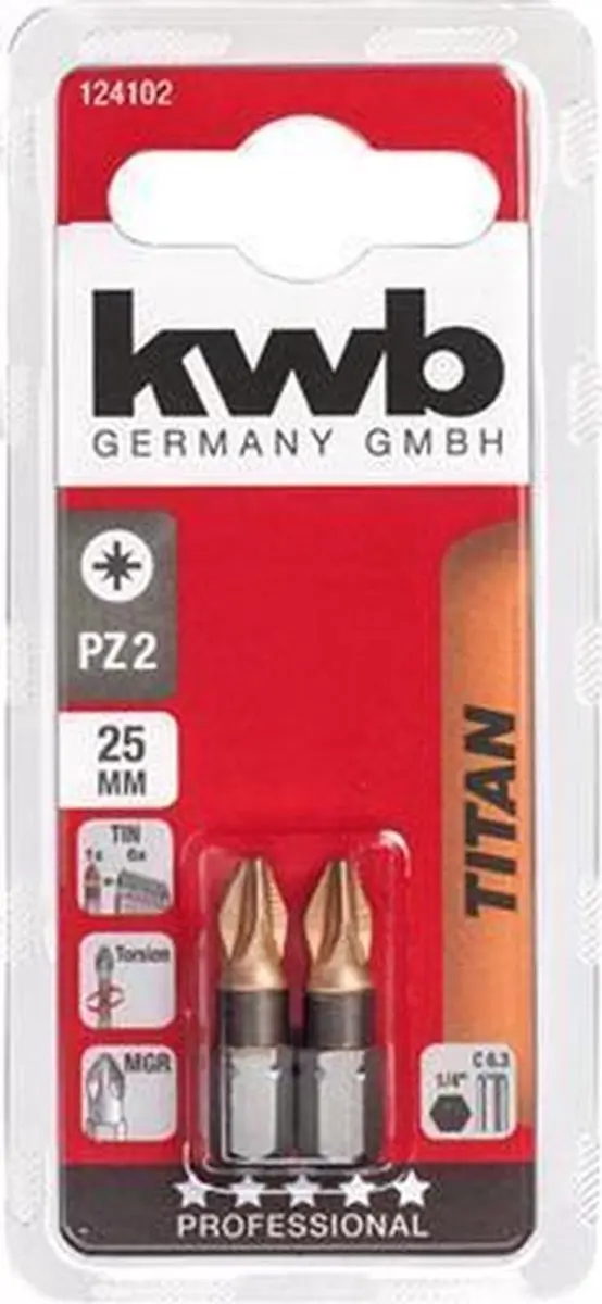 KWB 2 Bits 25mm Titaan PZ2 Kaart - 1 Stuk