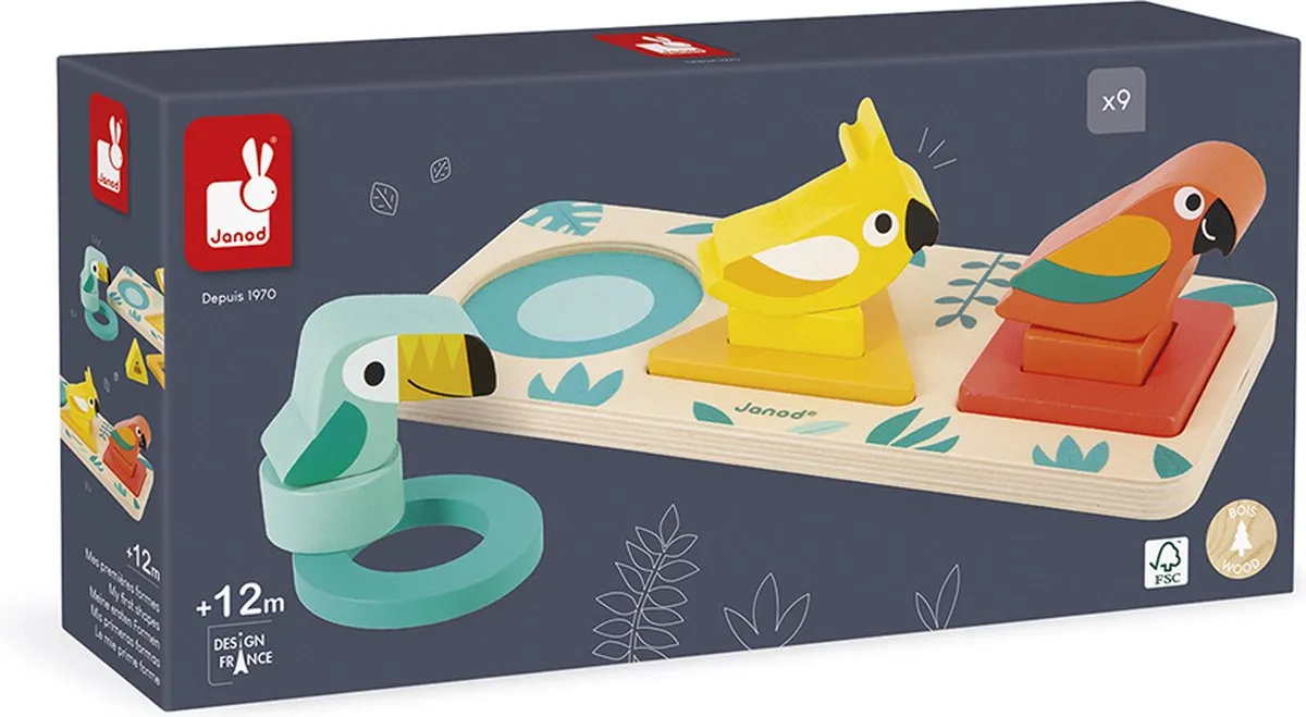 Janod Tropik J08266 Vormenpuzzel Vogels - 9 Stuks - Blauw/Geel/Rood