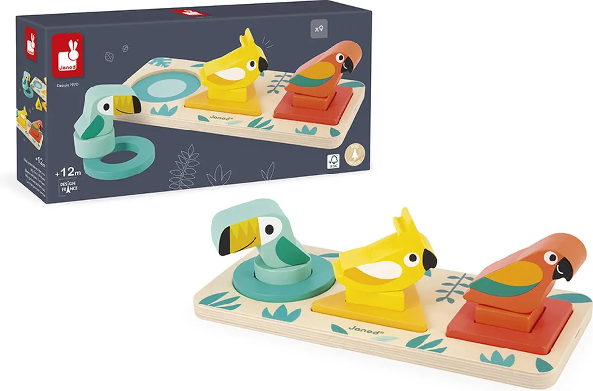 Janod Tropik J08266 Vormenpuzzel Vogels - 9 Stuks - Blauw/Geel/Rood