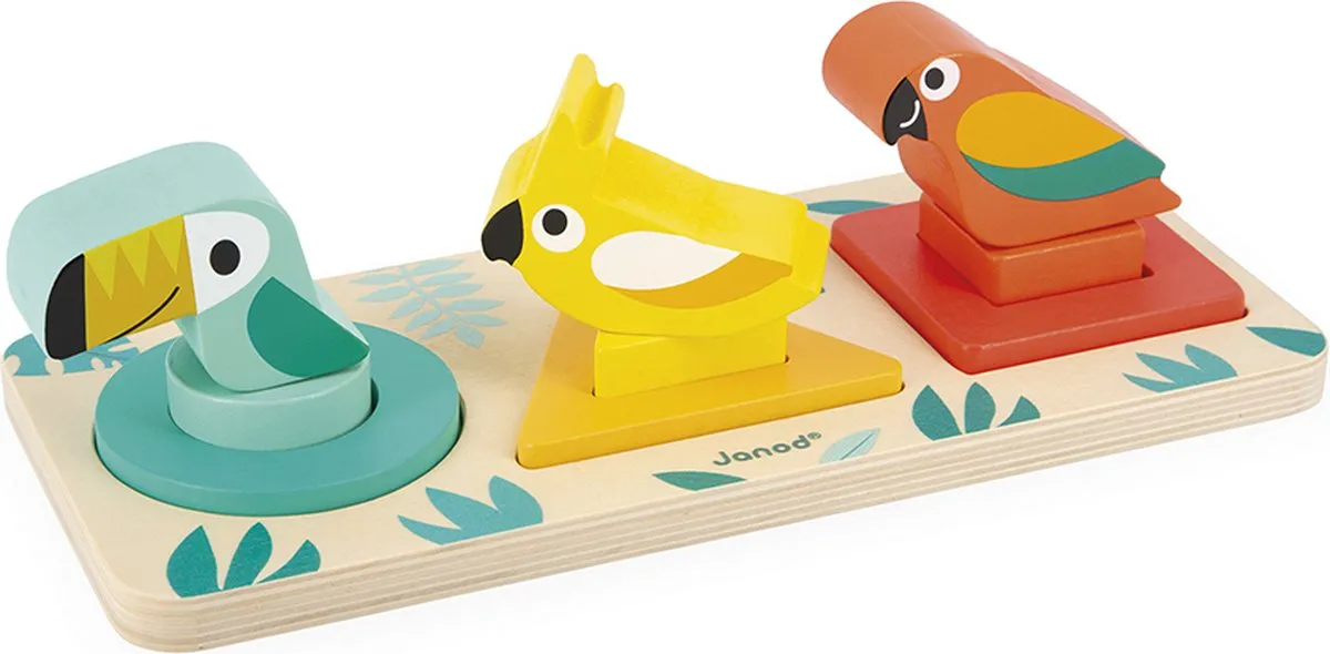 Janod Tropik J08266 Vormenpuzzel Vogels - 9 Stuks - Blauw/Geel/Rood - afbeelding 6 van 6