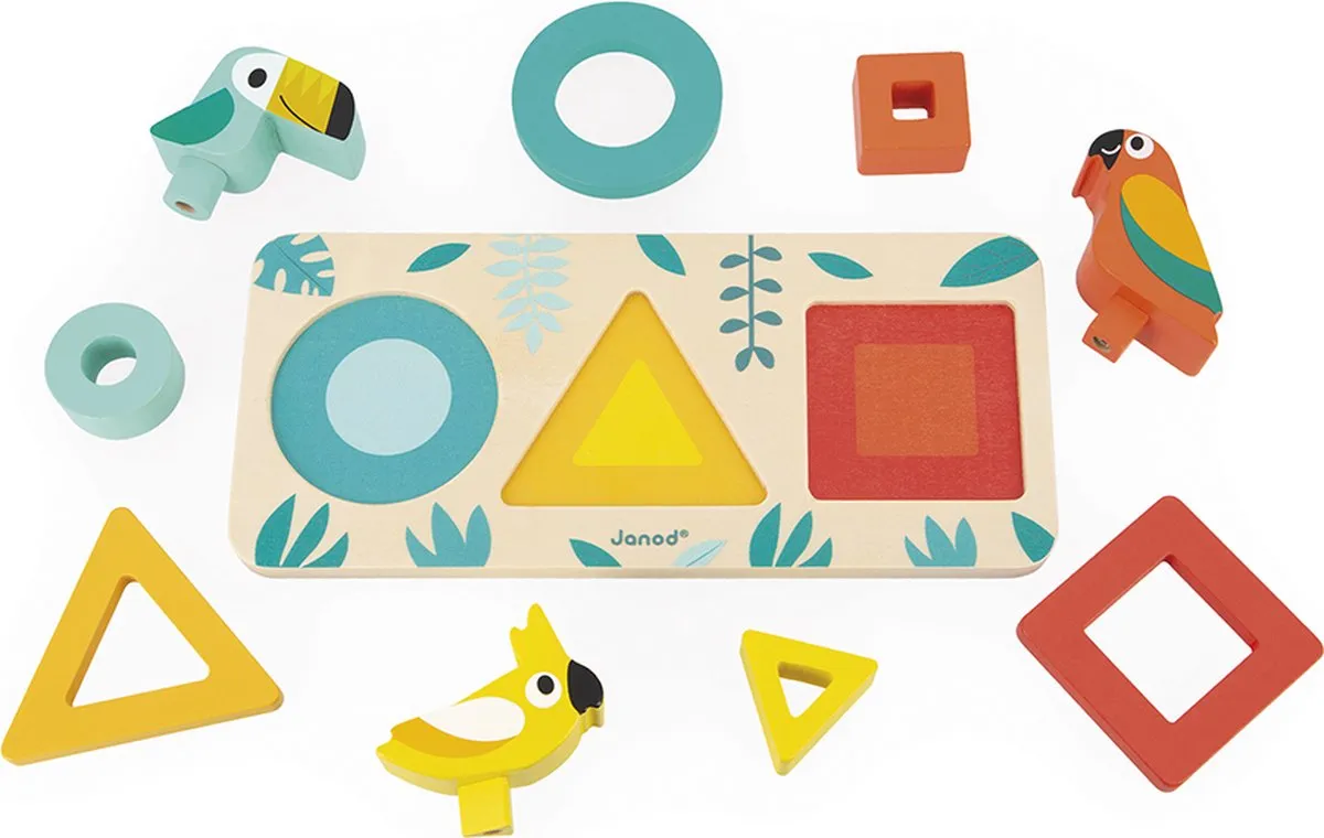 Janod Tropik J08266 Vormenpuzzel Vogels - 9 Stuks - Blauw/Geel/Rood