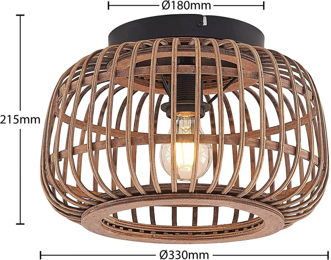 Lindby Plafondlamp Rotan Staal - 1 Lichtpunt 33cm - Matzwart/Licht Hout