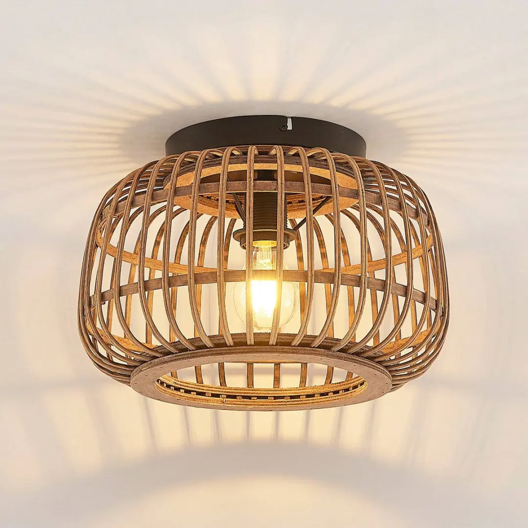 Lindby Plafondlamp Rotan Staal - 1 Lichtpunt 33cm - Matzwart/Licht Hout - afbeelding 6 van 6