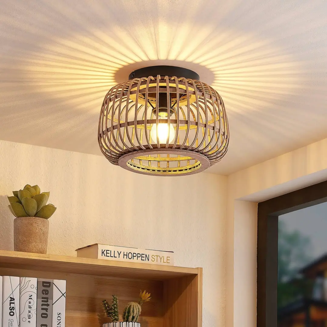 Lindby Plafondlamp Rotan Staal - 1 Lichtpunt 33cm - Matzwart/Licht Hout