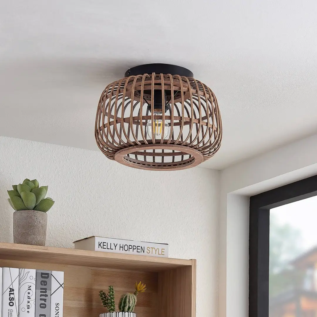 Lindby Plafondlamp Rotan Staal - 1 Lichtpunt 33cm - Matzwart/Licht Hout
