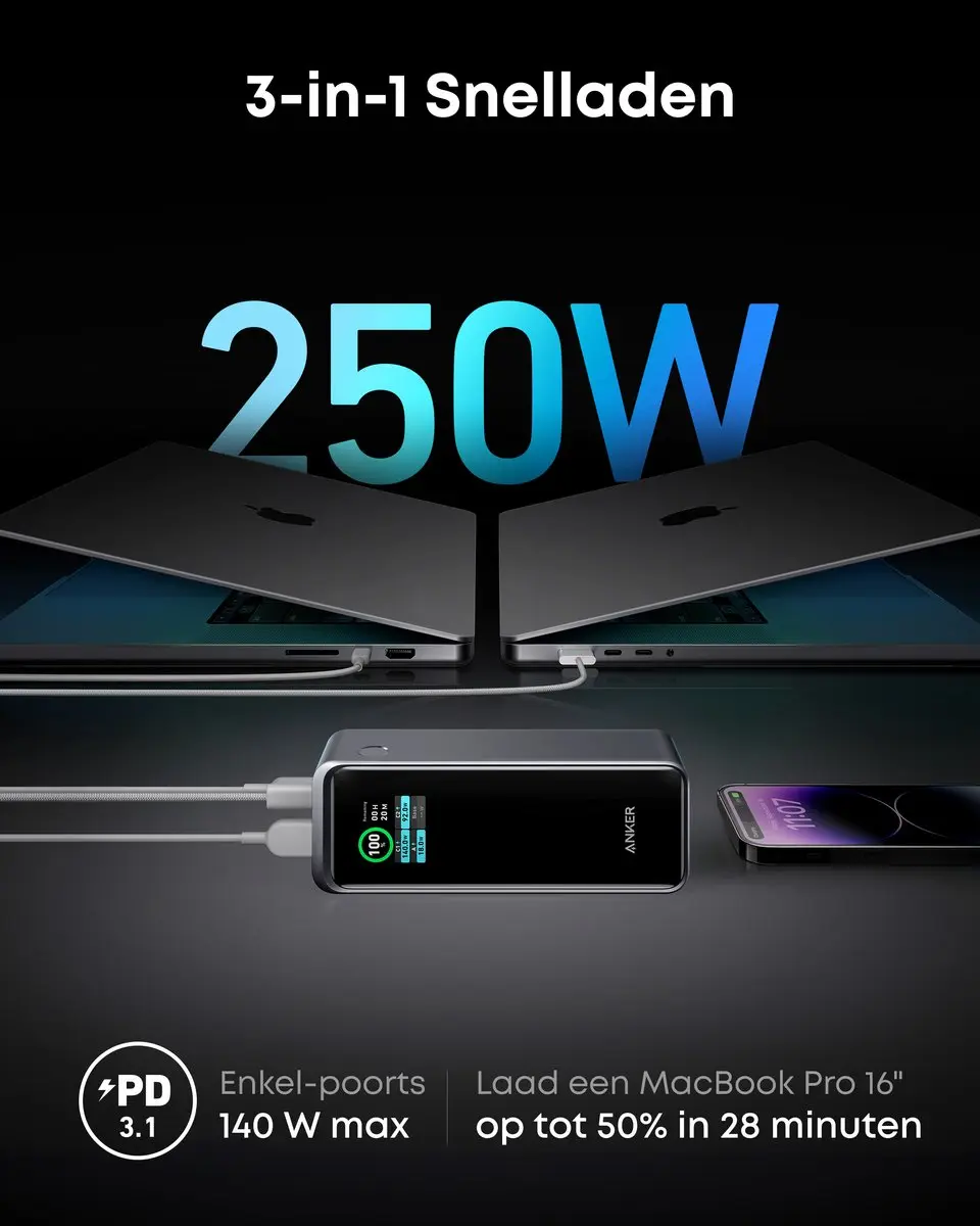 Anker Prime Powerbank 27650mAh 250W - 3 Poorten - Zwart