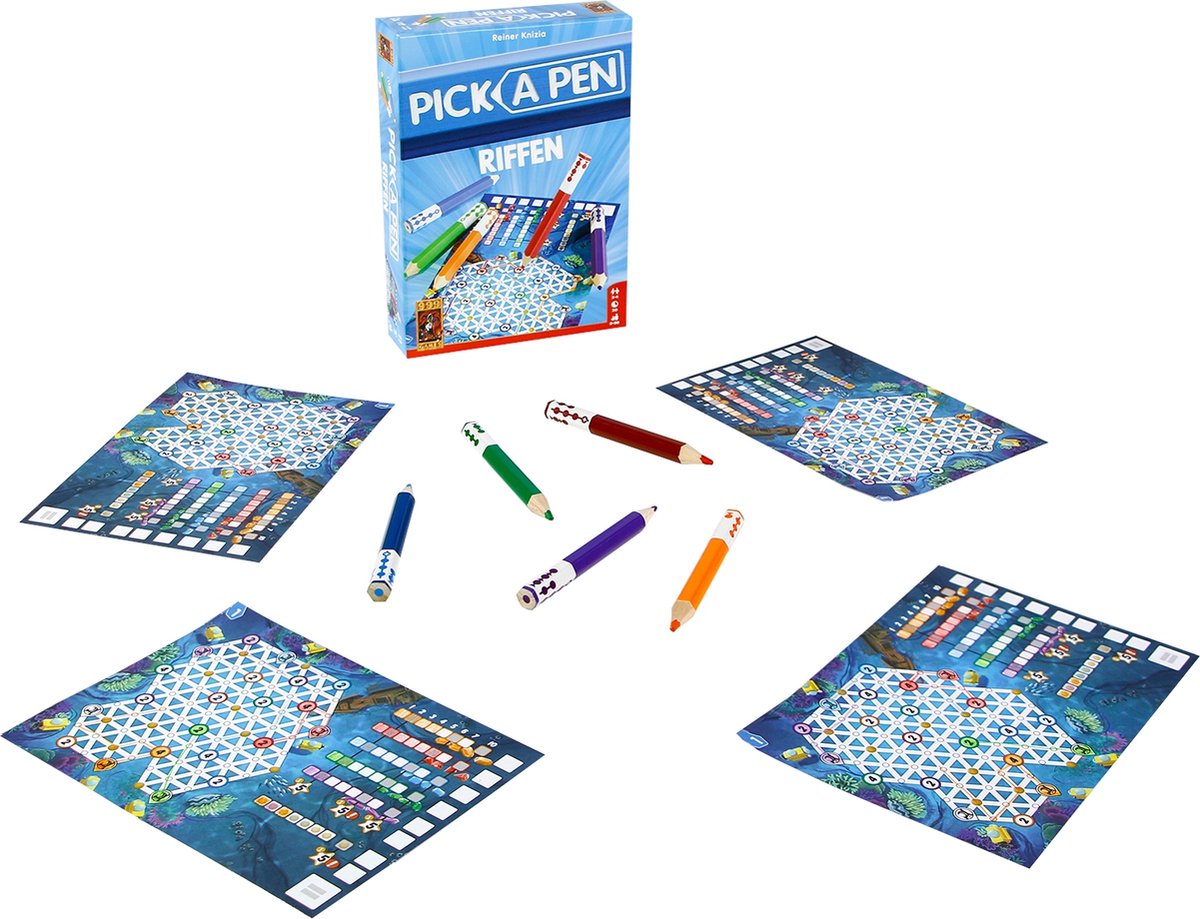 999 Games - Pick a Pen - Riffen - Dobbelspel - Dobbelen met potloden - Scorevellen van 3 verschillende niveaus - Gezelschapsspel - Familiespel - Klein cadeautje - bevat spelregels in NL en EN