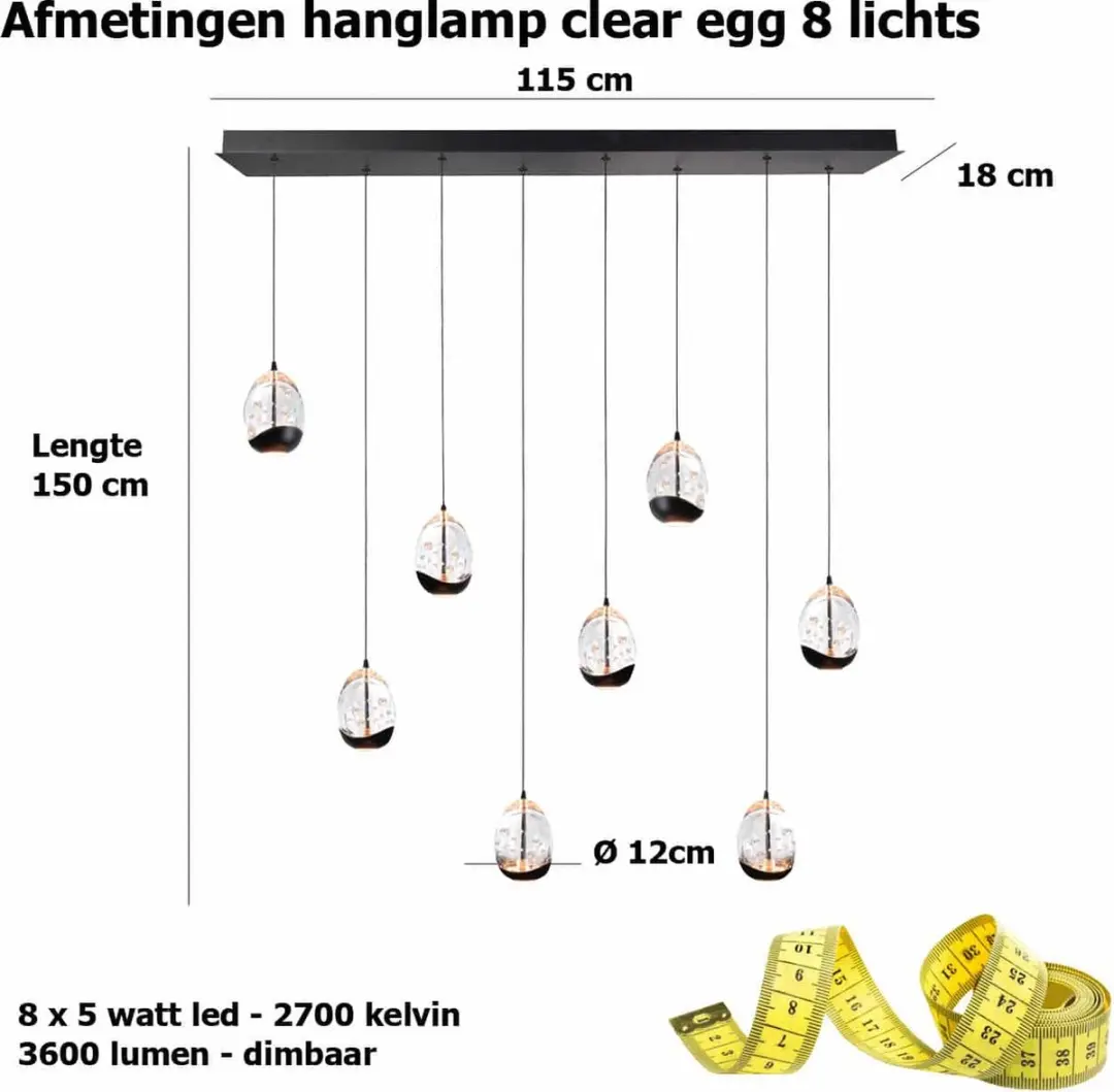 Highlight Clear Egg Hanglamp 115cm - 8L Zwart