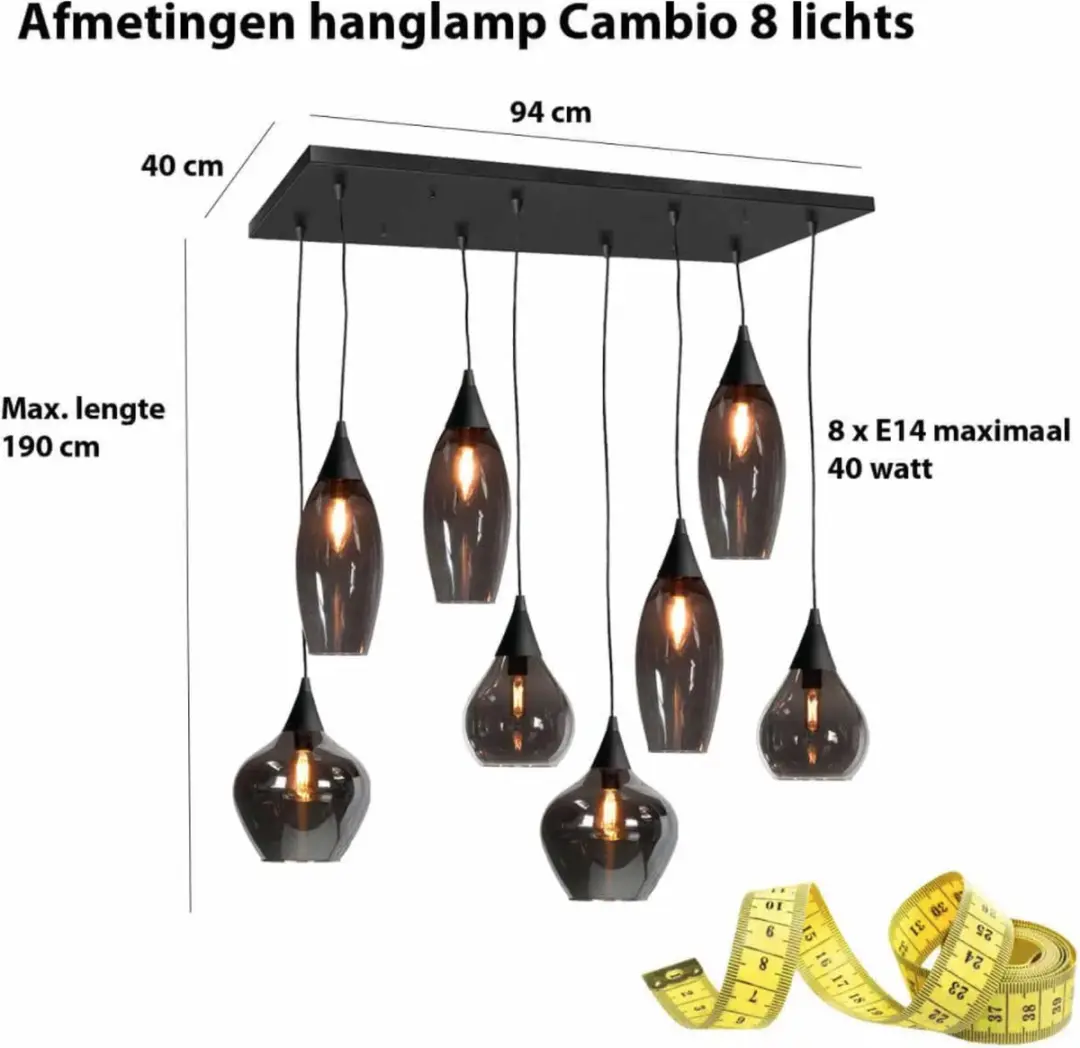 HighLight Cambio Hanglamp 8 Lichts - Zwart/Smoke