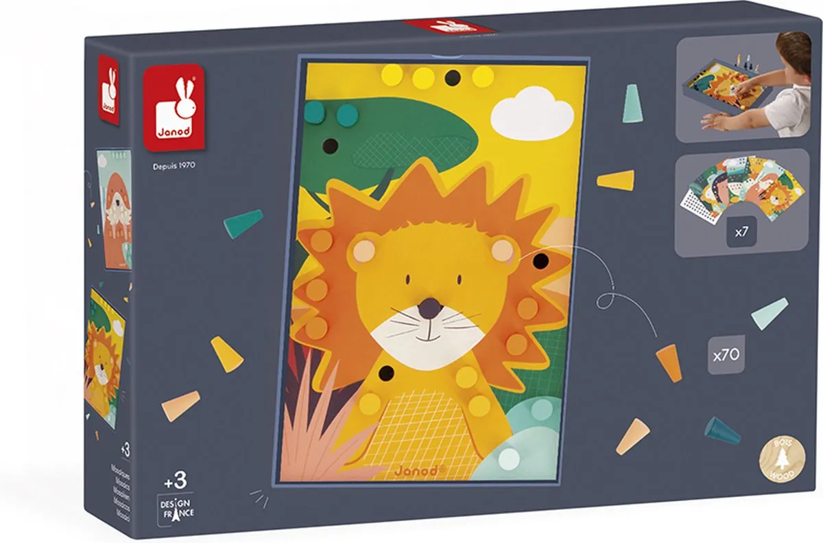 Janod Houten Mozaïek 8278 - 7 Ponskaarten + 70 Stukjes - Multikleur