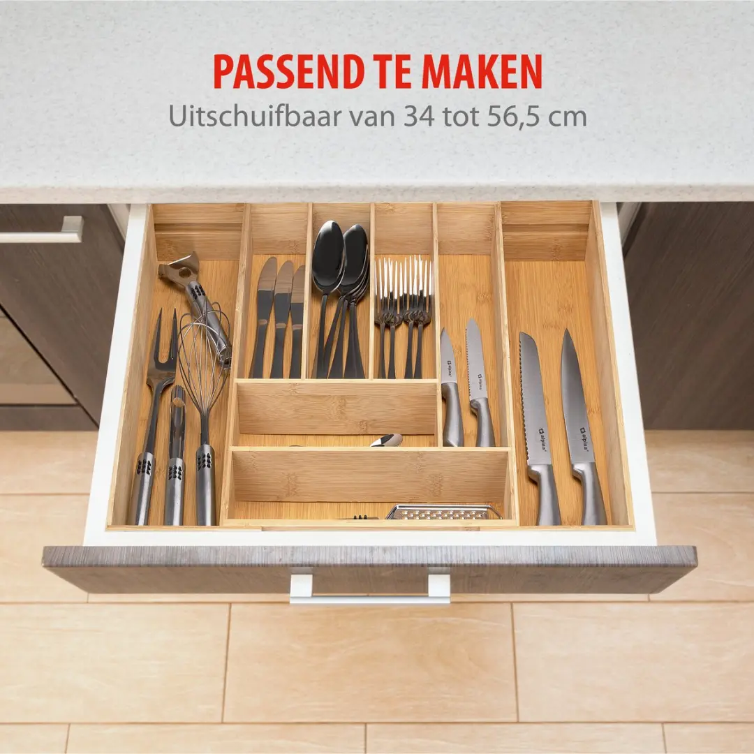 Alpina Uitschuifbare Bestekbak 8 Vakken - Bamboe - 34-56.5 cm