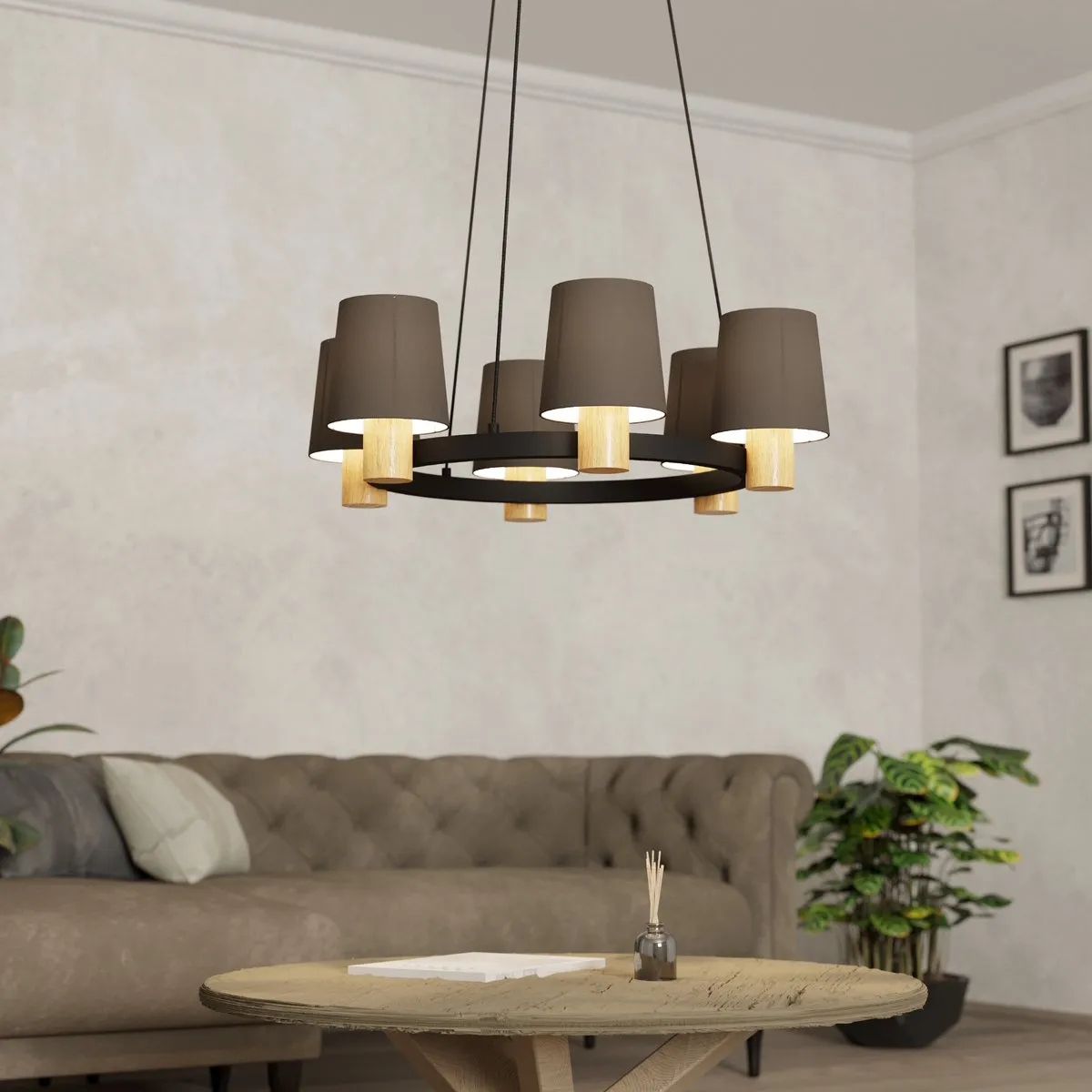 Eglo Edale Hanglamp Ø70cm - 6 Lichtpunten - Zwart/Bruin/Cappuccino - afbeelding 6 van 6