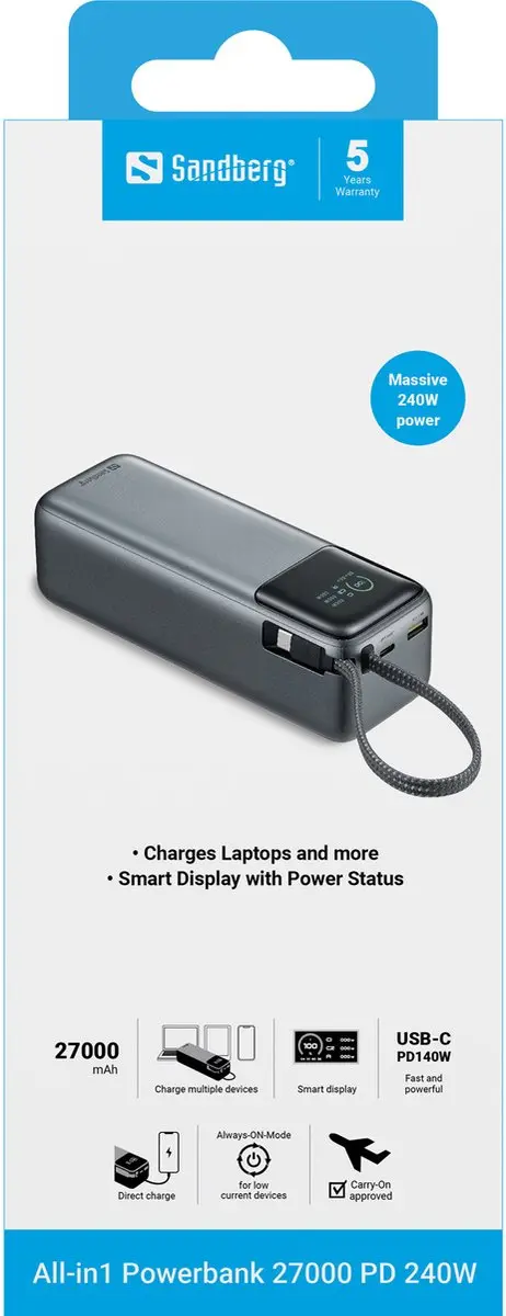 Sandberg All-in1 Powerbank 27000mAh 240W PD - 421-31 - Zwart/Grijs