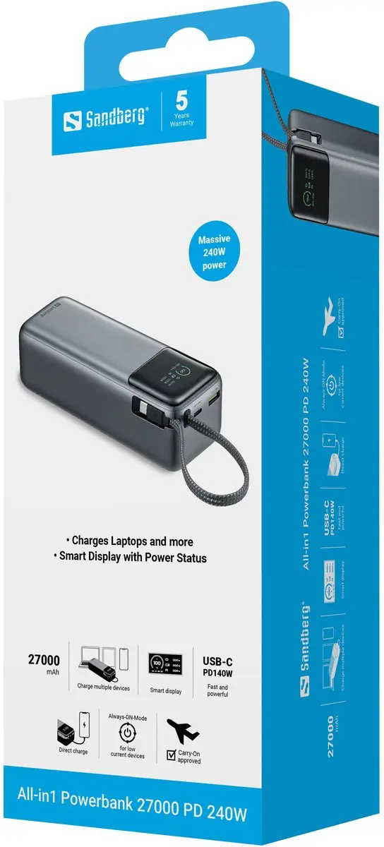 Sandberg All-in1 Powerbank 27000mAh 240W PD - 421-31 - Zwart/Grijs