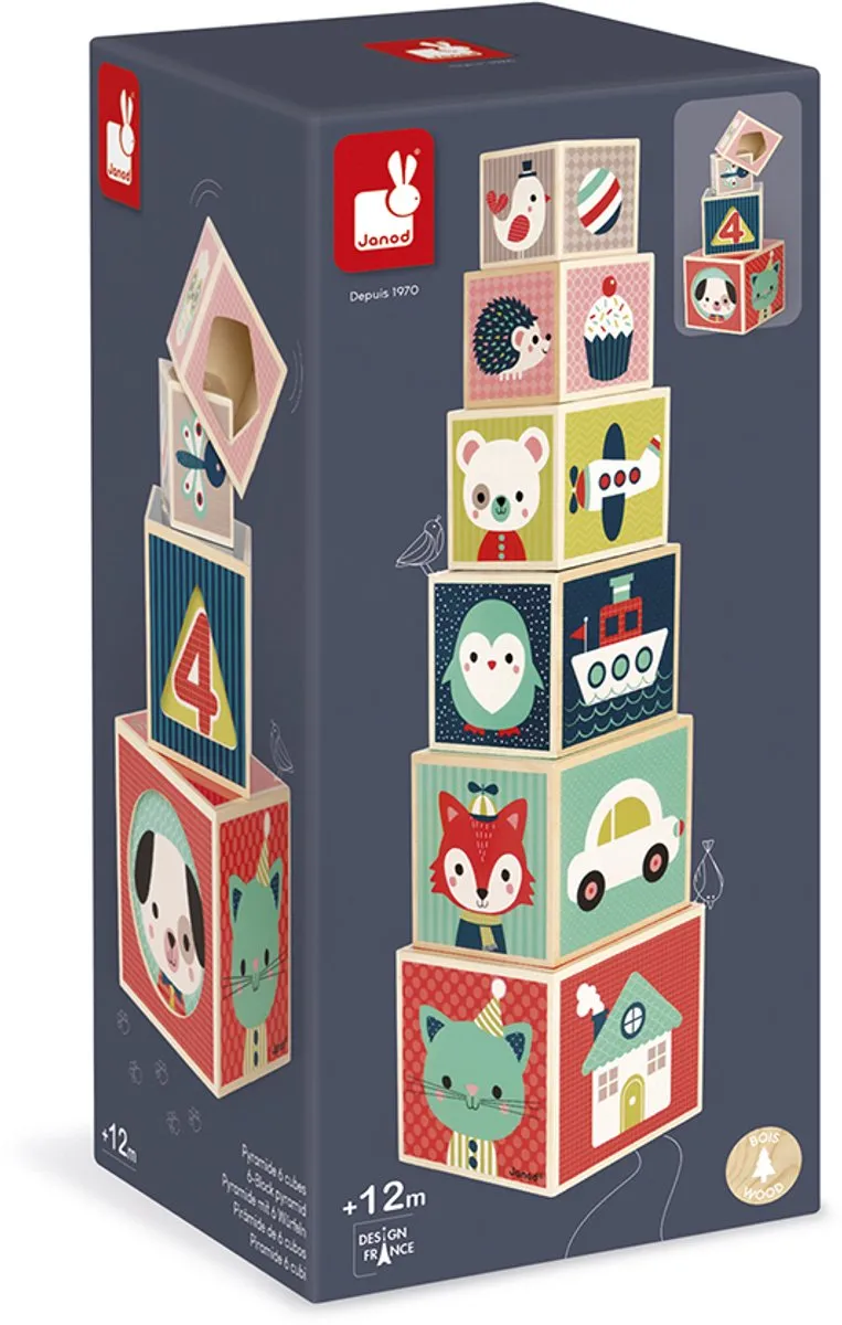 Janod Houten Stapeltoren Baby Forest 6-Blokken - Multi